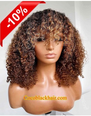 Emily85-Pre plucked 360 wig blonde highlight brown curly hair with bangs Brazailian virgin human hair 