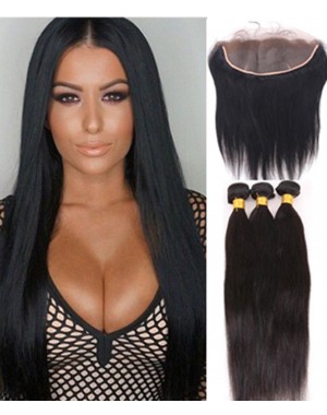 lace frontal with 3 bundles silk straight Chinese virgin