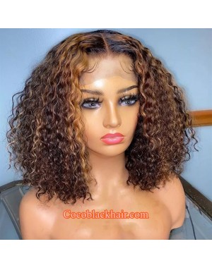 Emily91-Highlights color curly bob 360 wig Brazilian virgin human hair Pre plucked bleached knots