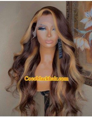 Emily99-Blonde higlights loose wave human hair 360 wig Pre plucked hairline 