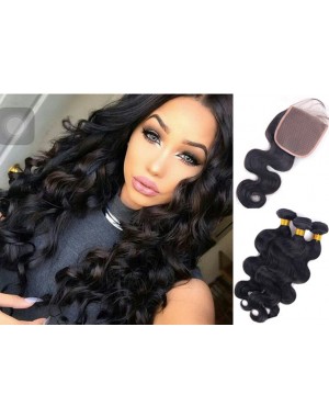 silk base closure with 3 bundles body wave Brazilian virgin