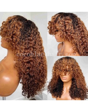【on sale】Emily78 -Pre plucked brown bangs curly Brazailian virgin 360 wig 