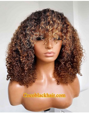 Emily85-Pre plucked 360 wig blonde highlight brown curly hair with bangs Brazailian virgin human hair 