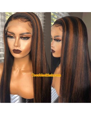 Angela 29-Brown highlights silk straight human hair 5x5 HD lace closure wig 