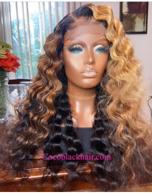 Angela 14-5x5 HD lace closure wig brown ombre wave 10A grade Brazilian virgin human hair