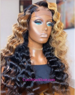 Emily81-Pre plucked 360 wig brown ombre wave Brazilian virgin human hair 