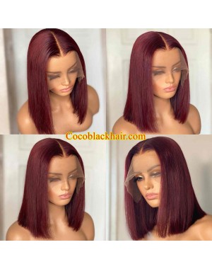 Rich-Brazilian virgin human hair Dark red Bob lace front wig pre plucked hairline