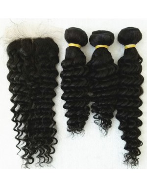 silk base closure with 3 bundles deep wave wefts Brazilian virgin