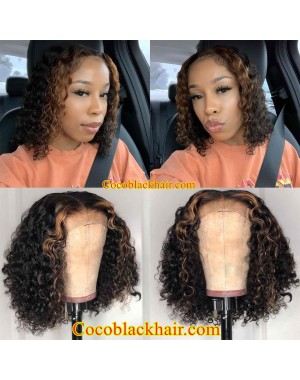 Emily84-Highlight curly bob 360 wig Brazilian virgin human hair Pre plucked hairline