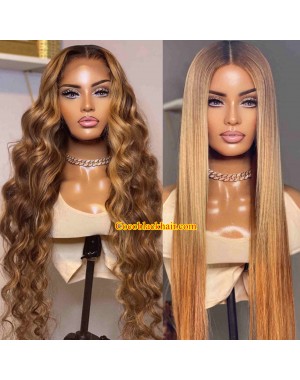 Angela 34-Honey blonde brown Silky Straight 5x5 HD lace closure human hair wig