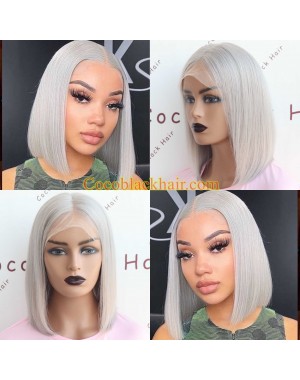 Molly-Lavender gray straight bob human hair Glueless lace front wig