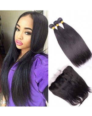 lace frontal with 3 bundles silk straight Malaysian virgin