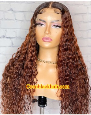 Angela 30-Ombre brown Wet Curly 5x5 HD lace closure wig Brazilian virgin human hair 