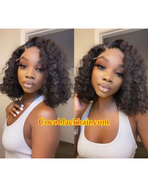 Angela 13-5x5 HD lace closure wig side parting deep curly bob 10A grade Brazilian virgin human hair 