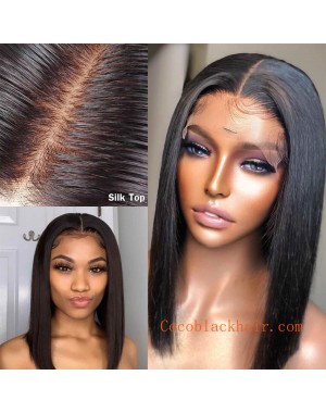 BOB18-Silk top straight hair middle parting bob lace front wig Brazilian hair 