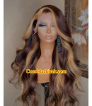Emily99-Blonde higlights loose wave human hair 360 wig Pre plucked hairline 