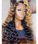 Emily81-Pre plucked 360 wig brown ombre wave Brazilian virgin human hair 