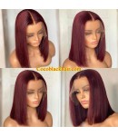 Rich-Brazilian virgin human hair Dark red Bob lace front wig pre plucked hairline