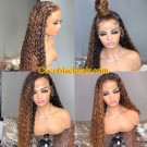 Emily89-Honey blonde brown ombre colored deep curl human hair 360 wig