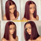 Rich-Brazilian virgin human hair Dark red Bob lace front wig pre plucked hairline