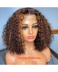 Emily91-Highlights color curly bob 360 wig Brazilian virgin human hair Pre plucked bleached knots