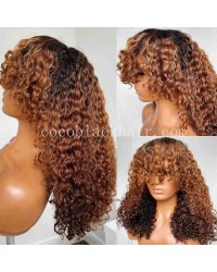 Emily78-Pre plucked brown bangs curly Brazailian virgin 360 wig 