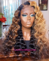 Angela 14-5x5 HD lace closure wig brown ombre wave 10A grade Brazilian virgin human hair