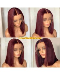 Rich-Brazilian virgin human hair Dark red Bob lace front wig pre plucked hairline