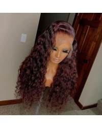 Leoo-Brazilian virgin dark Red natural wave lace front wig pre plucked hairline