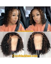 Emily84-Highlight curly bob 360 wig Brazilian virgin human hair Pre plucked hairline