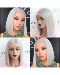 Molly-Silver gray straight bob human hair Glueless lace front wig 