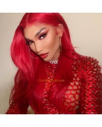 Candy-Malaysian virgin silky straight red color glueless lace front wig pre plucked hairline