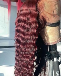 Brenda-Brazilian virgin Wine Red deep wave pre plucked lace wig