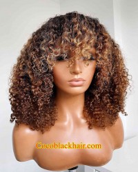 Emily85-Pre plucked 360 wig blonde highlight brown curly hair with bangs Brazailian virgin human hair 