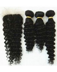 silk base closure with 3 bundles deep wave wefts Brazilian virgin